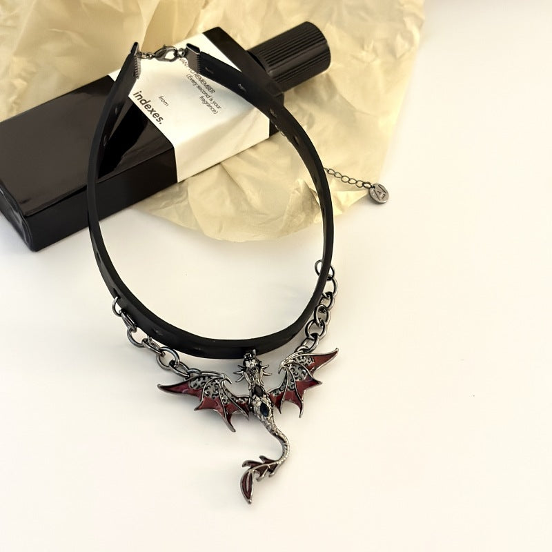 Dark Fly Dragon Black Leather Choker Necklace