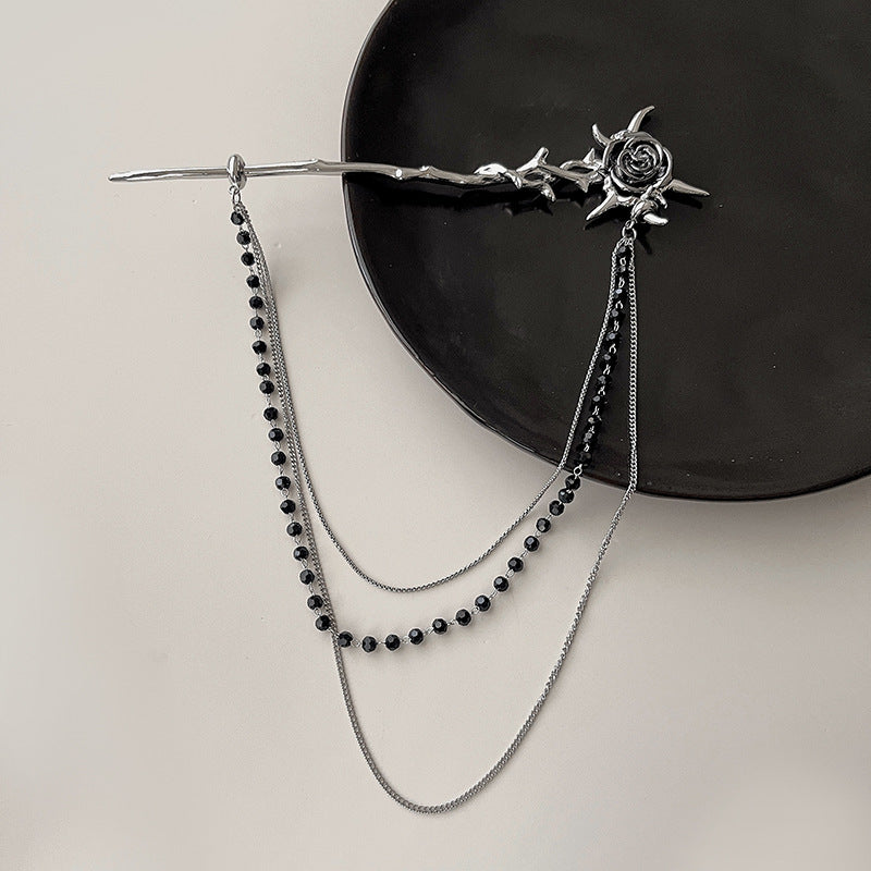 Designer Vintage Silver Thorny Rose Hairpin with  Black Beads Chain