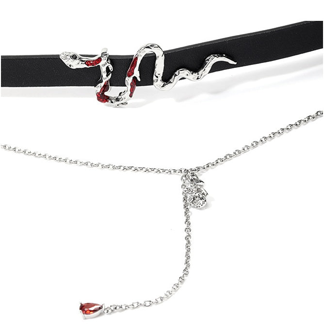 Y2K Red Snake Black Leather Choker Necklace