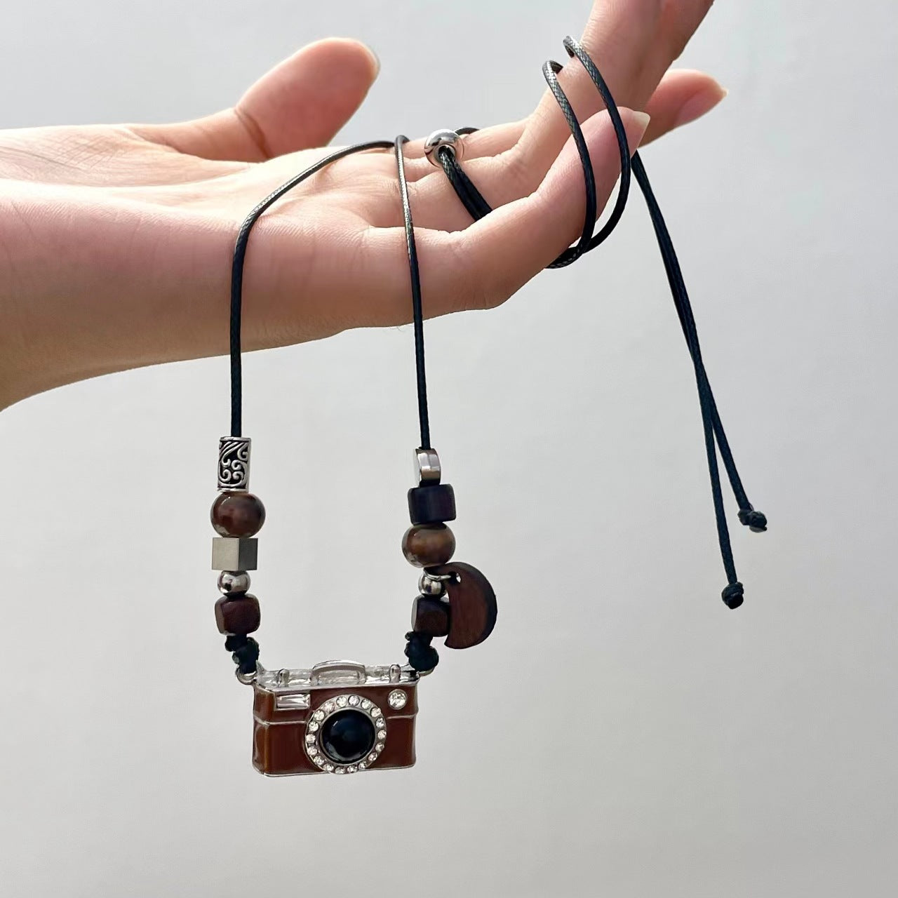 Y2K Brown Cute Camera Beads Adjustable Necklace