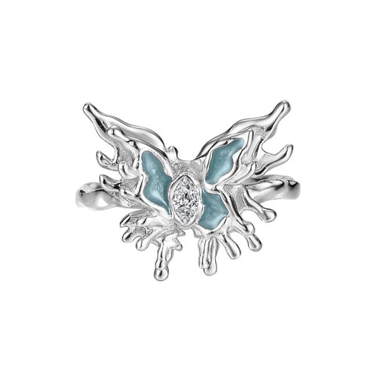 S925 Silver Blue Enamel Technology Butterfly Open Ring