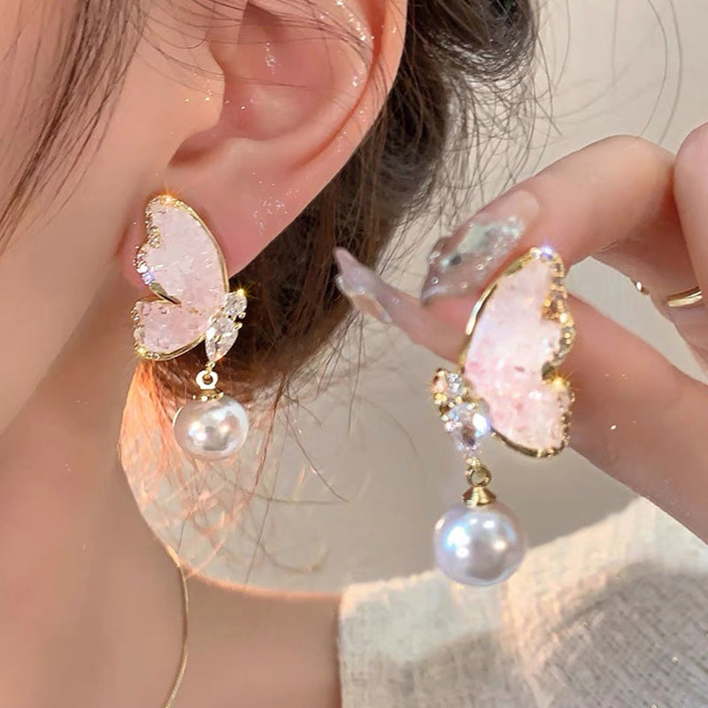 Women Sweet Gradient Butterfly Pearl Stud Earring