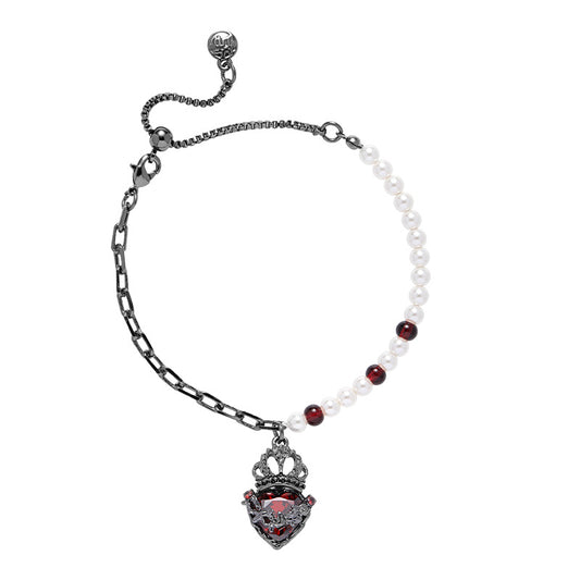 Gothic Girl Black Crown Heart White Pearl Bracelet