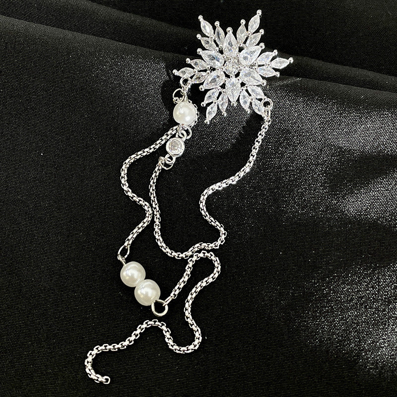 Snow Flower Rhinestone Long Tassel Pearl Ear Cuff