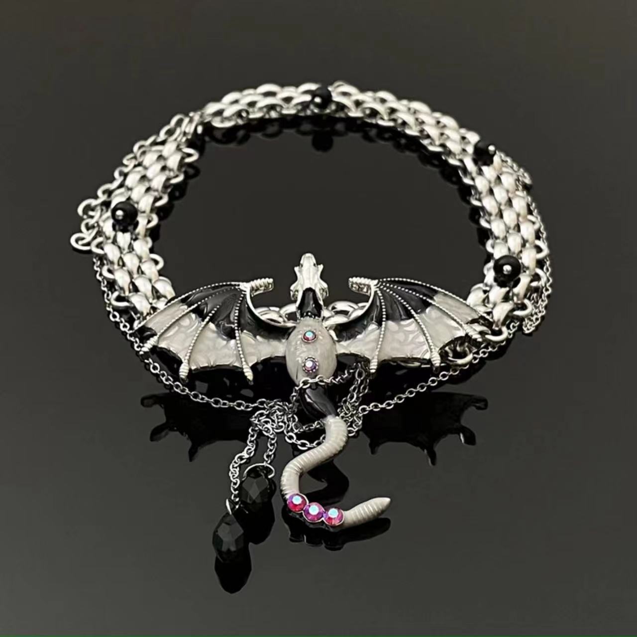 Punk Silver Fly Dragon Rhinestone Tassel Choker Necklace