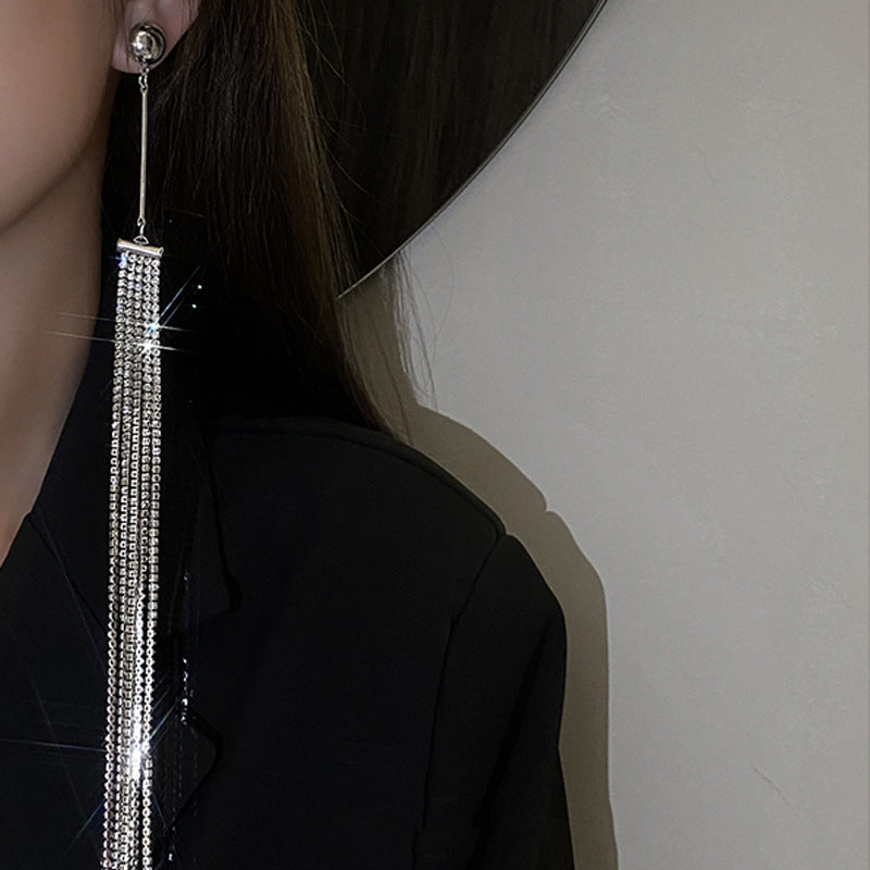 Women Silver Rhinestone Super Long Tassel Earring(Single one)