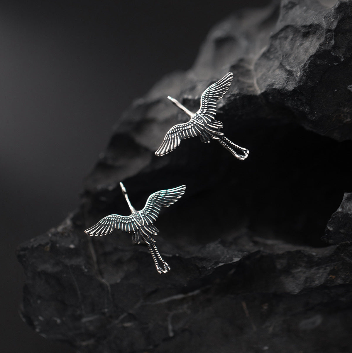 S925 Silver Vintage Flying Crane Stud Earrings