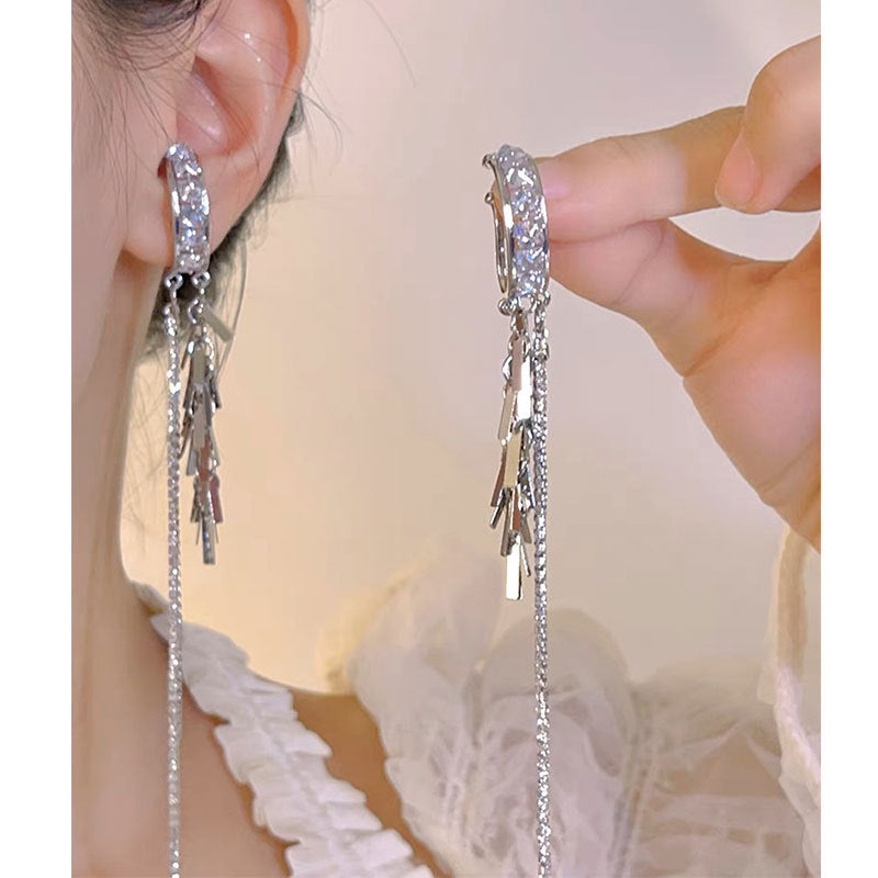 Sweet Shining Rhinestone C shape Tassel Ear Clip