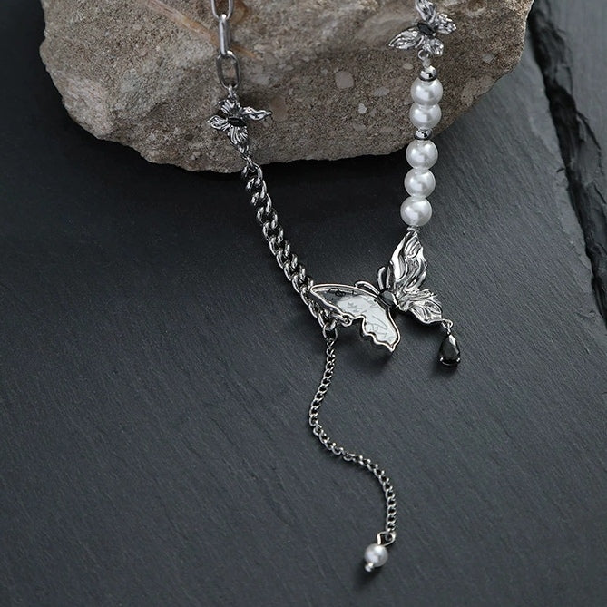 Silver Butterfly Pearl Tassel Necklace