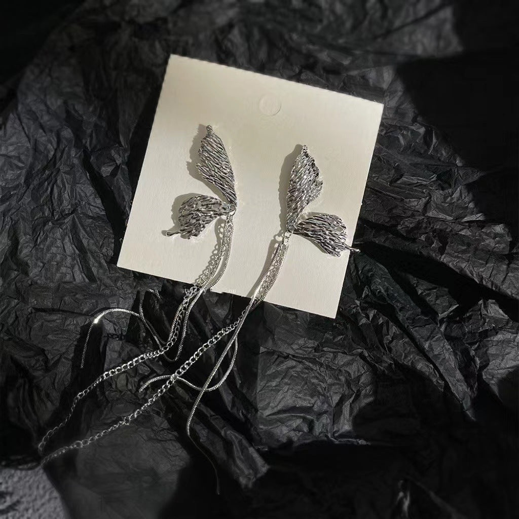 Chic Silver Butterfly Long Tassel Stud Earring