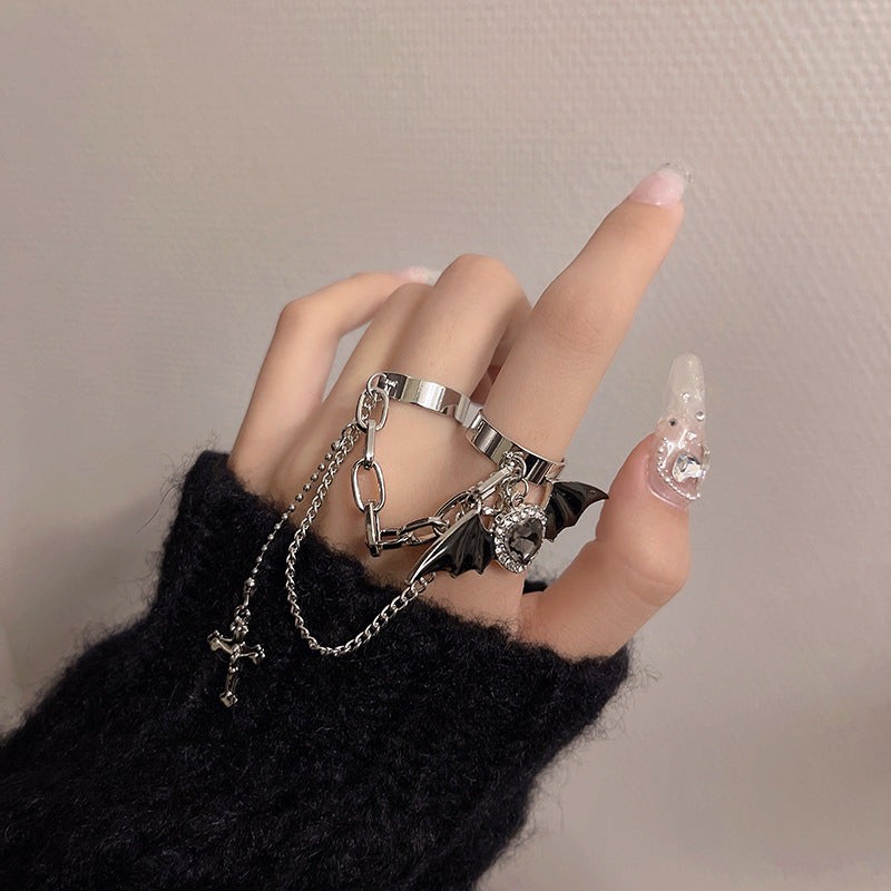 Y2K Sweet Cool Punk Girl Chic Cross & Black Bat Crystal Two Fingers Open Ring