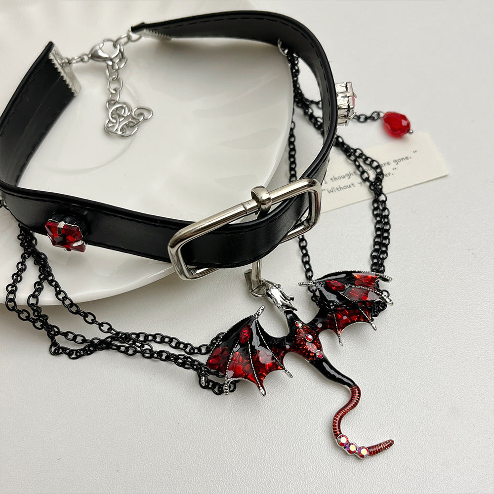 Y2K Gothic Punk Red Dragon Tassel Black Leather Choker Necklace