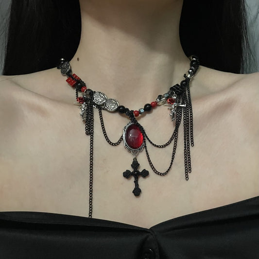 Gothic Girl Red Rhinestone Metal Cross Tassel Beads Necklace