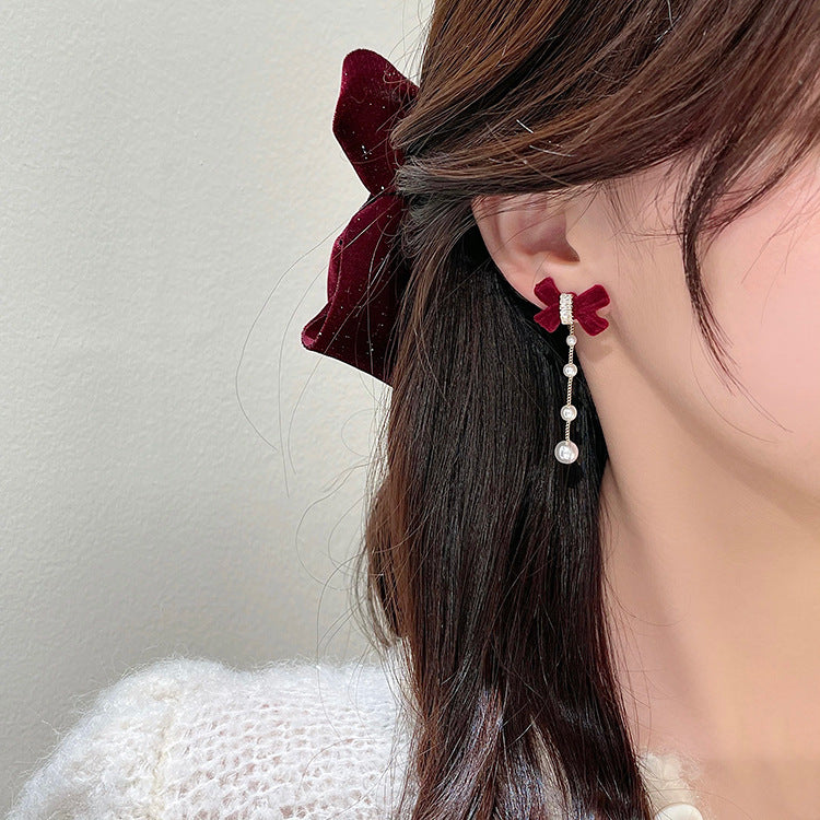 Cute Sweet Long Velvet Bow Pearl Earrings with Fringe