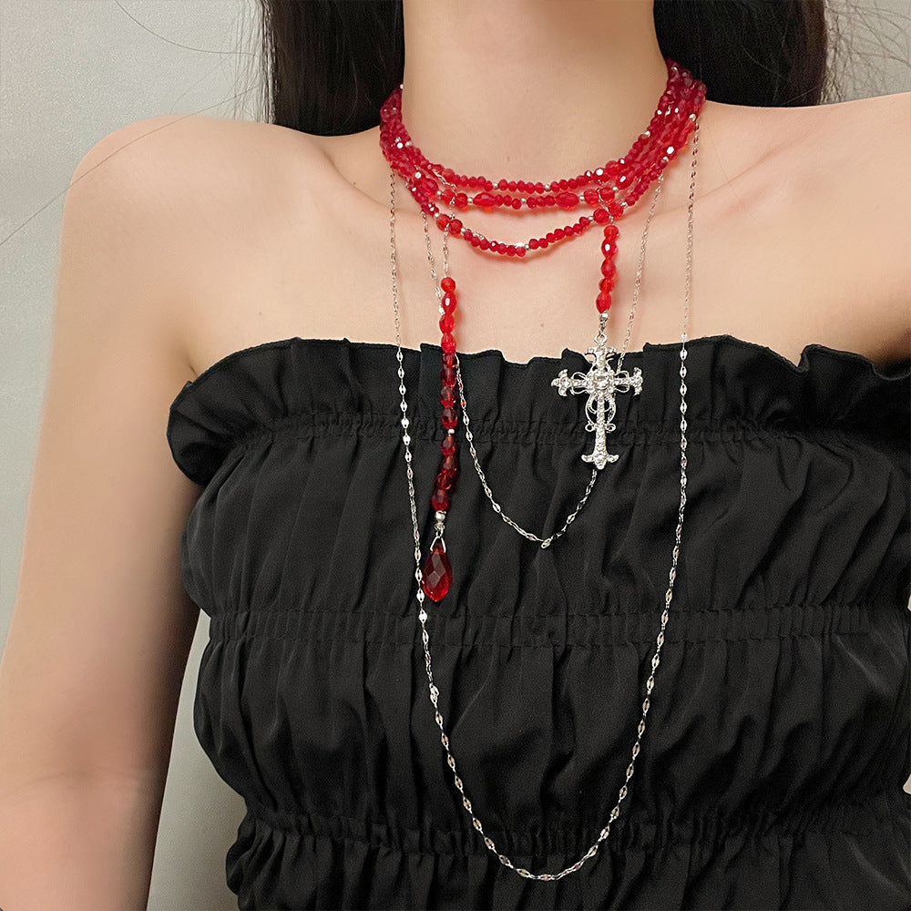 Gothic Girl Red Beads Cross Layered Necklace Choker