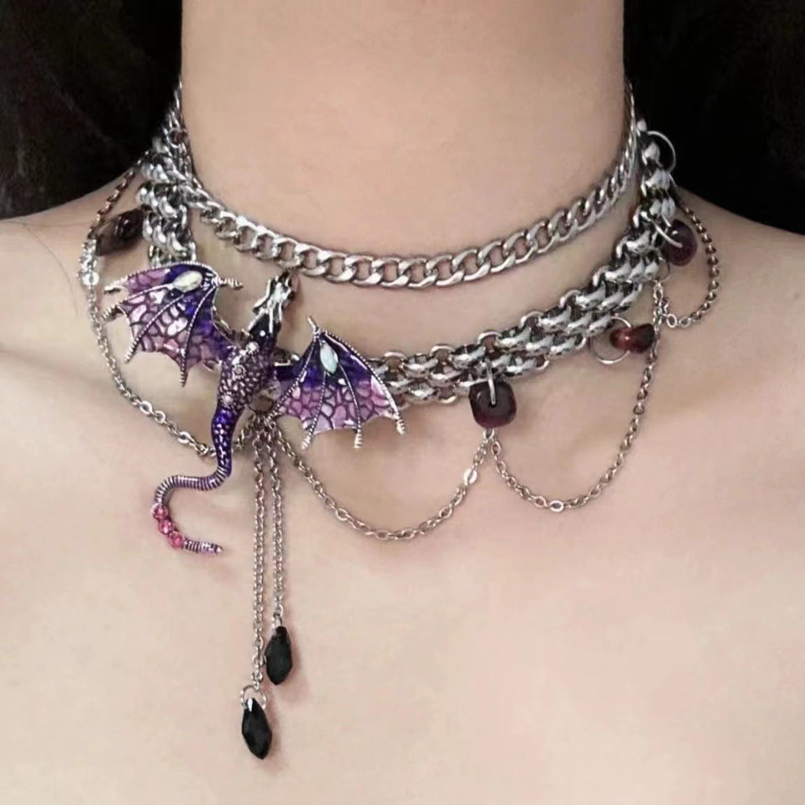 Chic Purple Dragon Tassel Rhinestone Double-strand Choker Necklace