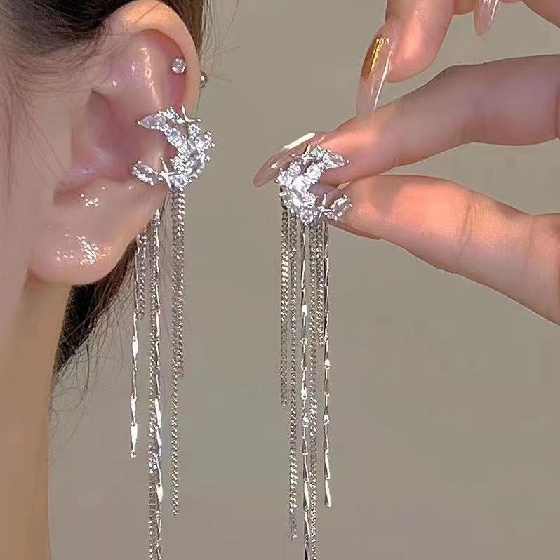 Shining Chic Women Rhinestone Moon Long Tassel Ear Cuff