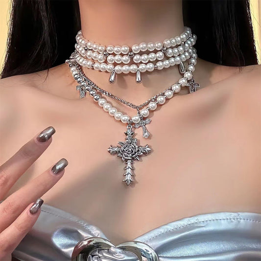 Chic Designer Baroque Pearl Cross Layered Choker