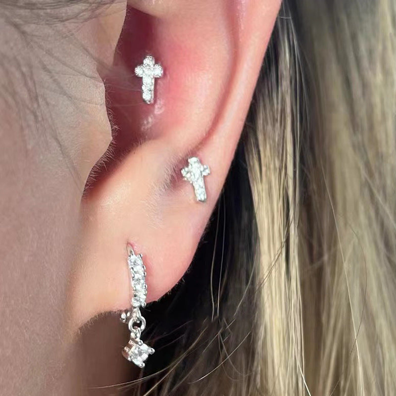 Unisex Chic Mini Cross Zircon Shining Ear Studs