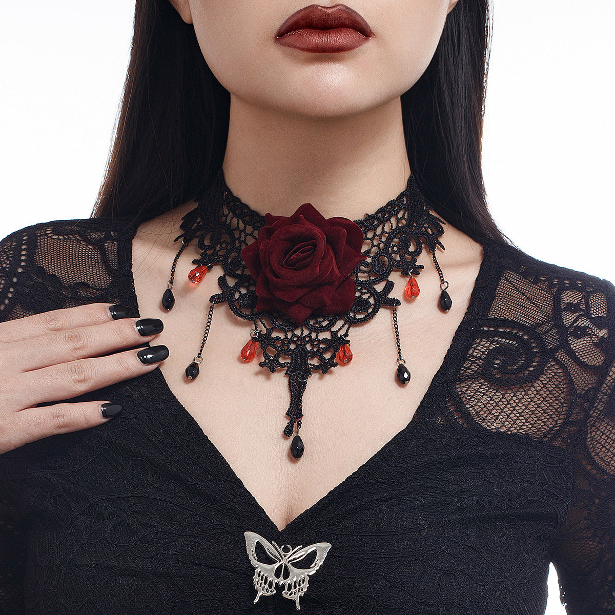 Gothic Girl Lace Red Rose Tassel Choker Necklace