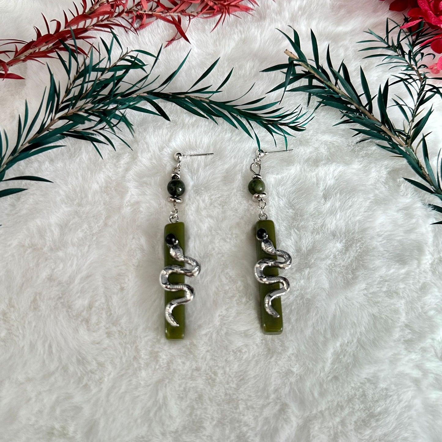 Vintage Green Spirit Snake Pearl Earrings