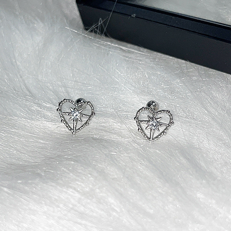 Cute Silver Heart Star Hollow Rhinestone Shining Ear Studs