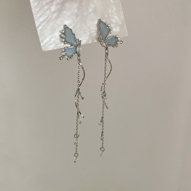 Unique Blue Pearl Long Tassel Earring