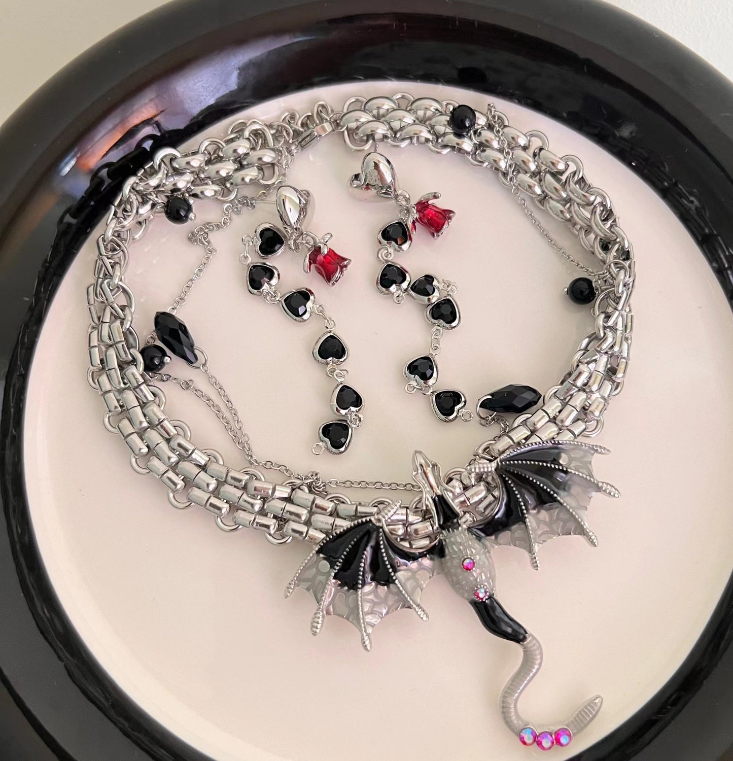 Punk Silver Fly Dragon Rhinestone Tassel Choker Necklace