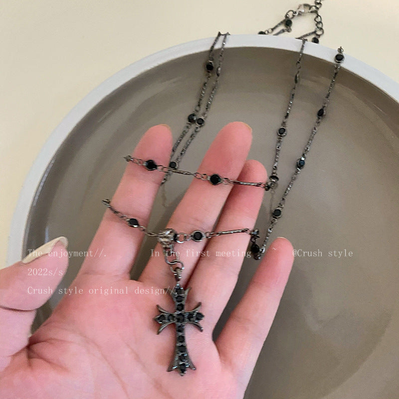 Dark Black Cross Beads Double Stacked Necklace