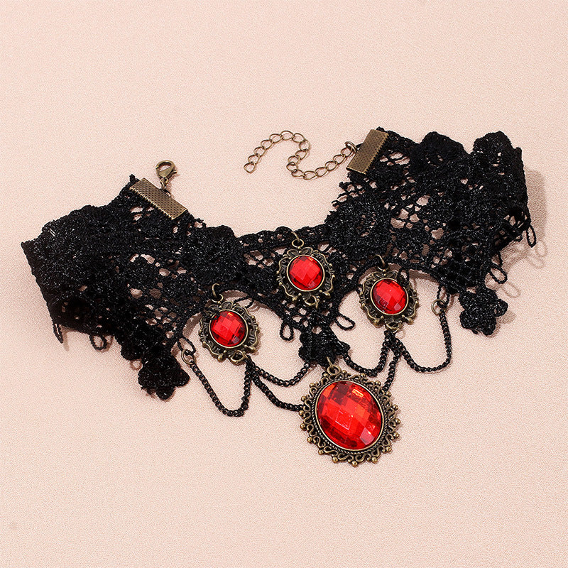 Designer Vintage Party Gothic Lace Red Rhinestone Necklace Bracelet Earring