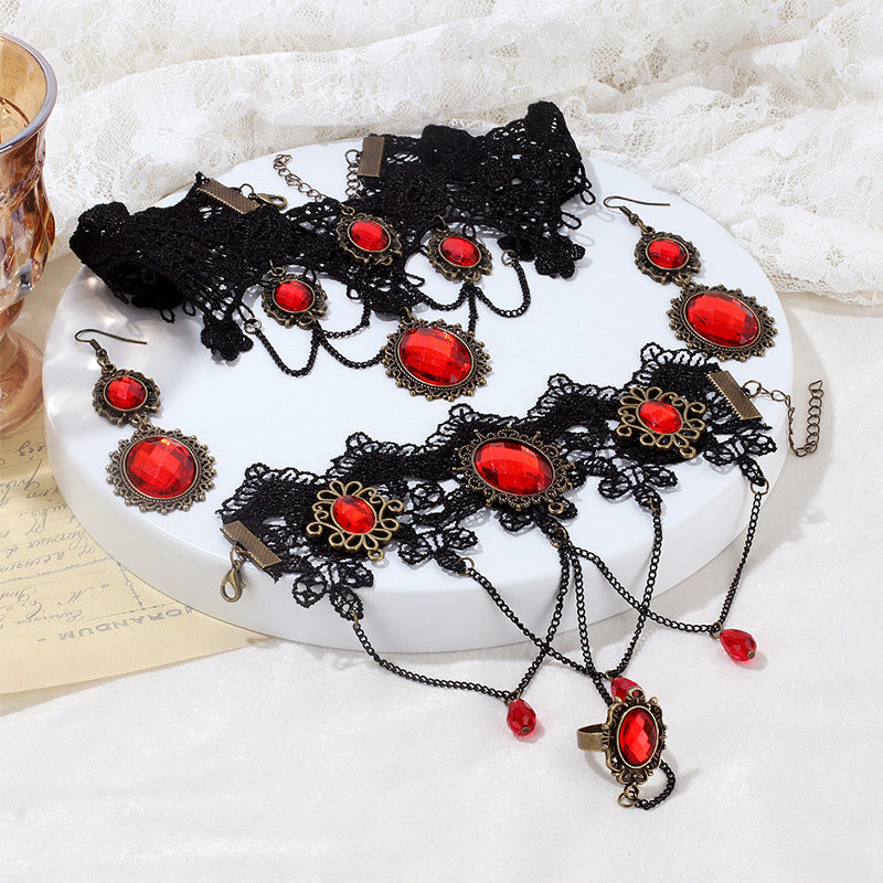 Designer Vintage Party Gothic Lace Red Rhinestone Necklace Bracelet Earring