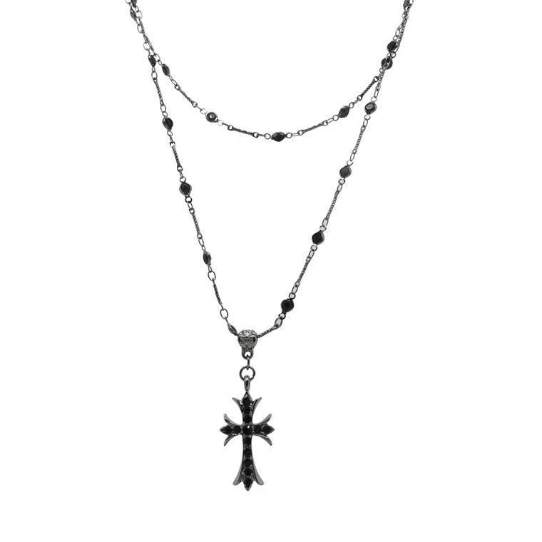 Dark Black Cross Beads Double Stacked Necklace