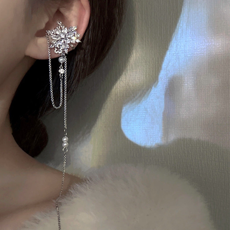 Snow Flower Rhinestone Long Tassel Pearl Ear Cuff