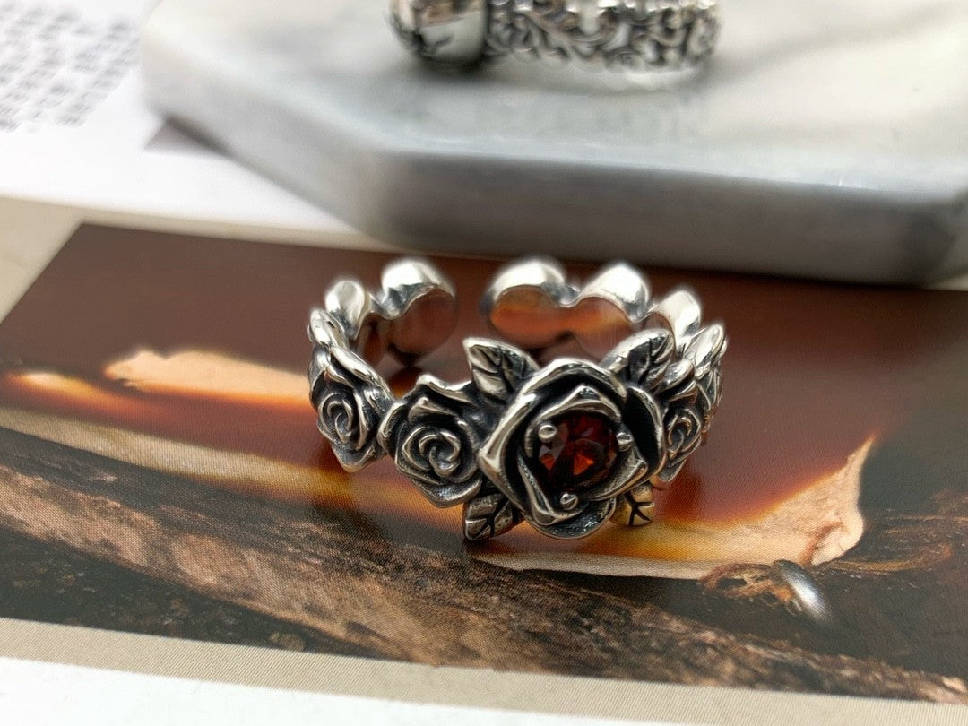 S925 Silver Vintage Red Rose Ring