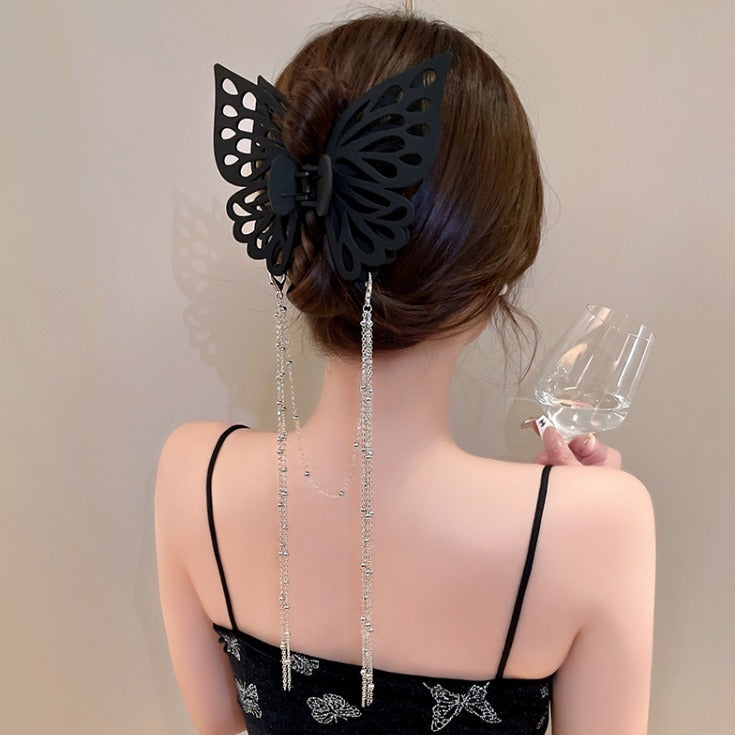 Black Gorgeous Large Resin Butterfly Hair Pin with Long Tassel