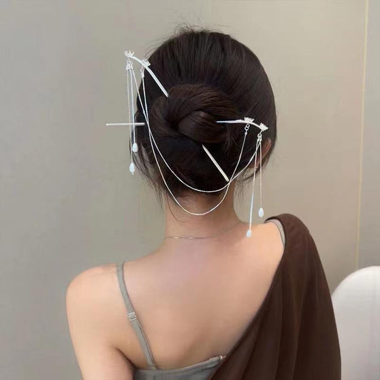 Women Designer Double Silver Flower Pearl Tassel Hairpin