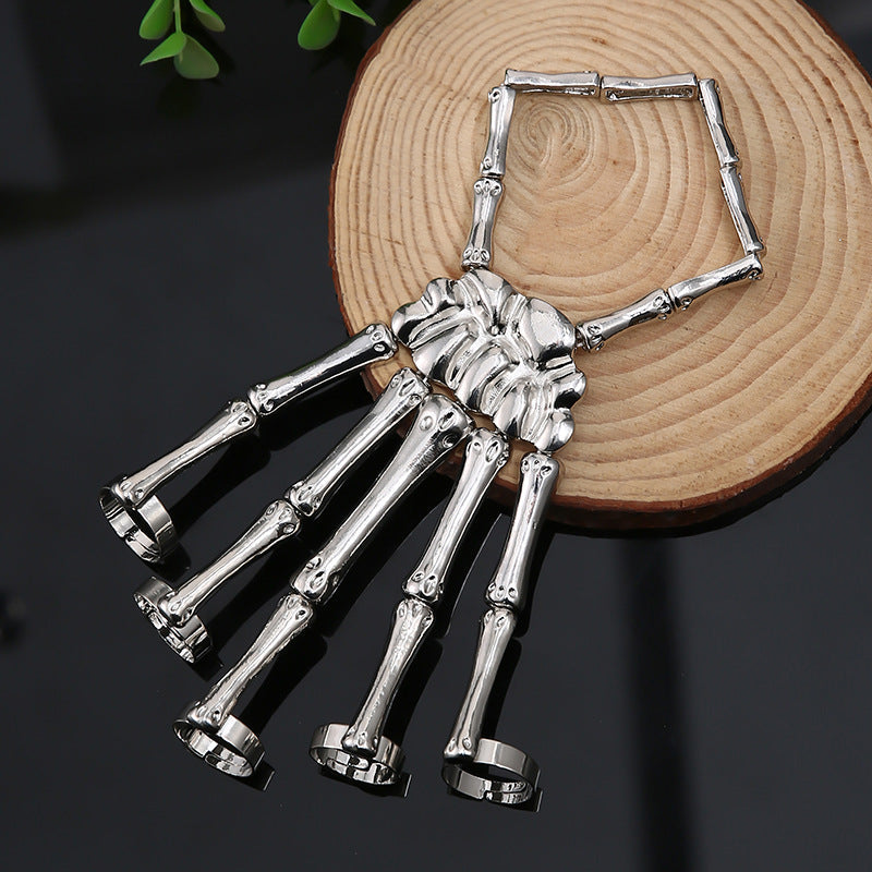 Men/ Women Punk Hand Bone Bracelet with Ring Skull Fingers Wristband Ghost