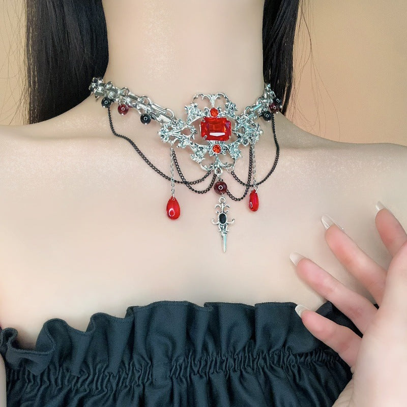 Y2K Gothic Red Rhinestone Beads Choker Necklace