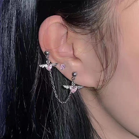 Sweet Pink Girl Heart Shining Zircon Ear Studs