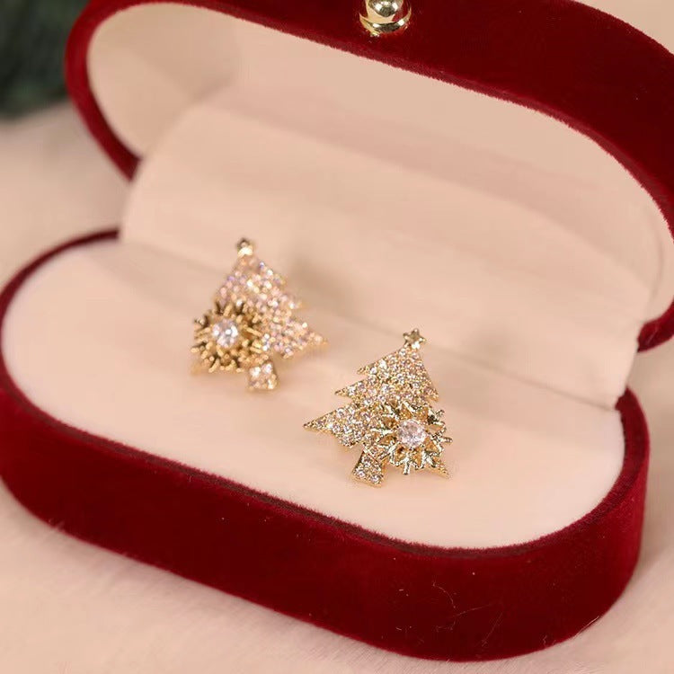 Designer Golden Rotatable Rhinestone Christmas Tree Stud Earring