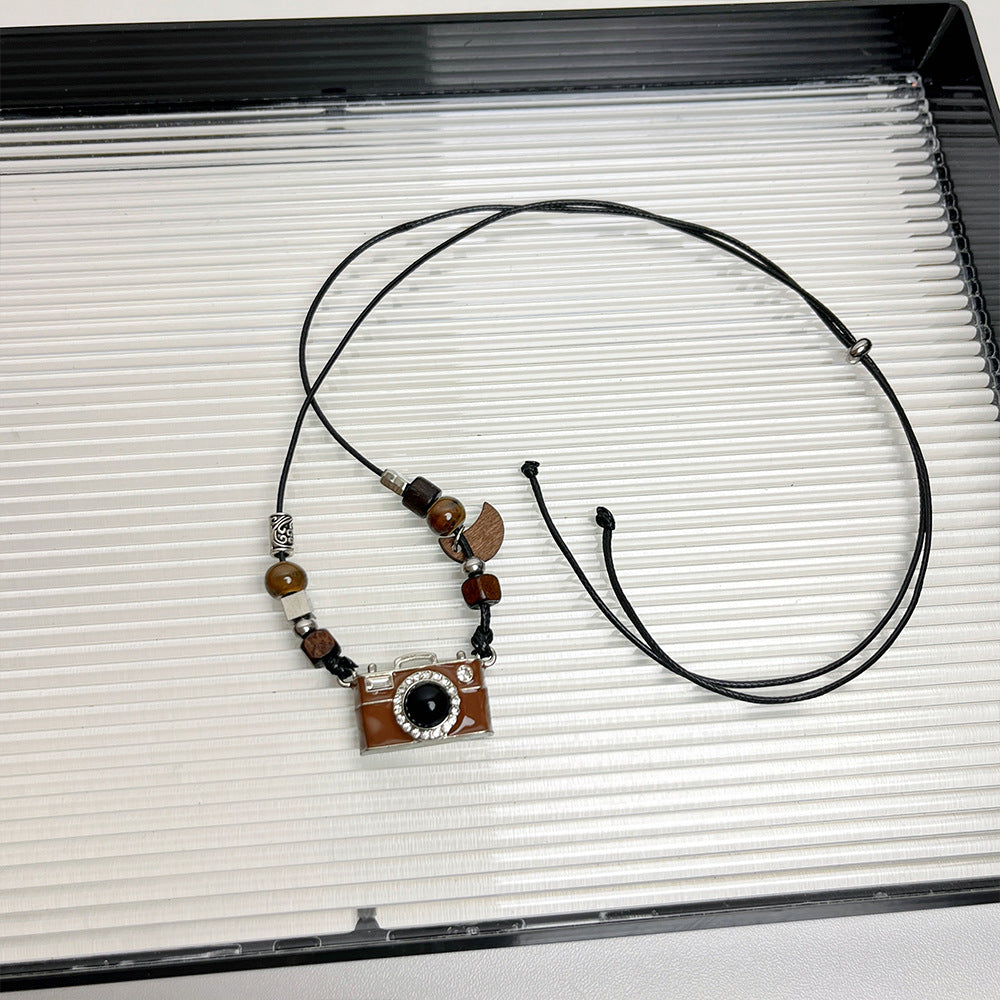 Y2K Brown Cute Camera Beads Adjustable Necklace