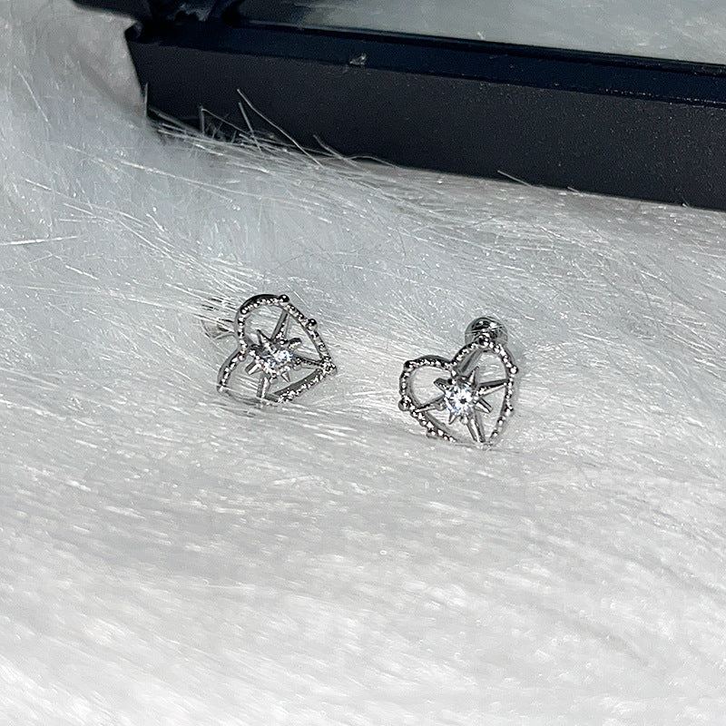 Cute Silver Heart Star Hollow Rhinestone Shining Ear Studs