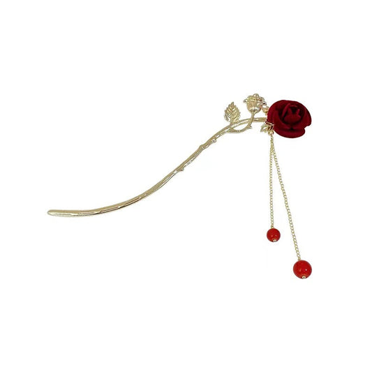 Vintage Red Rose Long Tassel Hairpin