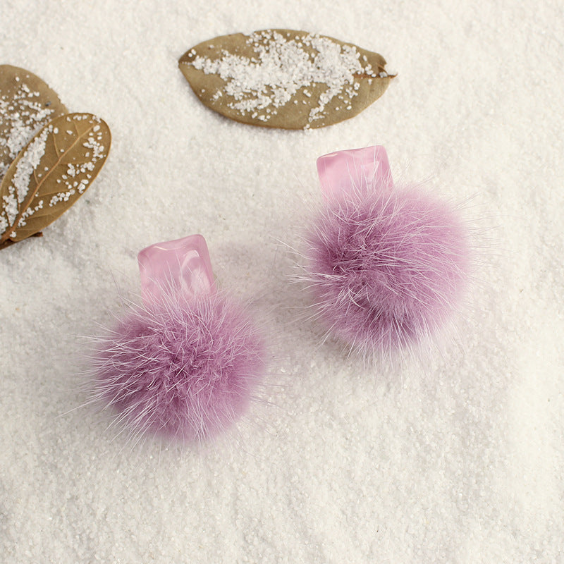 Girl Sweet Warm Purple Fluffy Ball Stud Earring