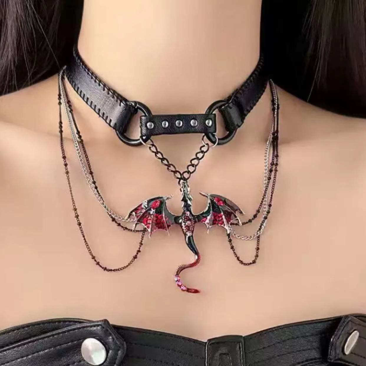 Y2K Gothic Punk Red Dragon Tassel Black Leather Choker Necklace