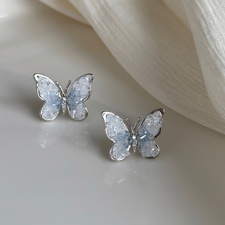 Elegant Crystal Blue Butterfly & Flower Stud Earring