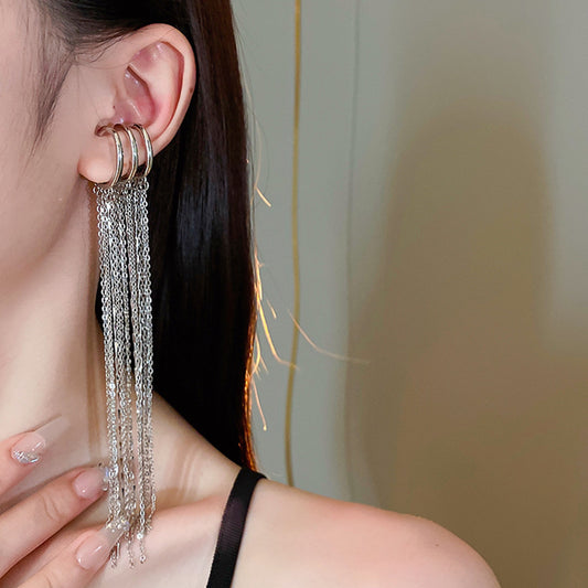 Women Elegant Metal Three-layer Long Tassel Ear Cuff (without piercing)