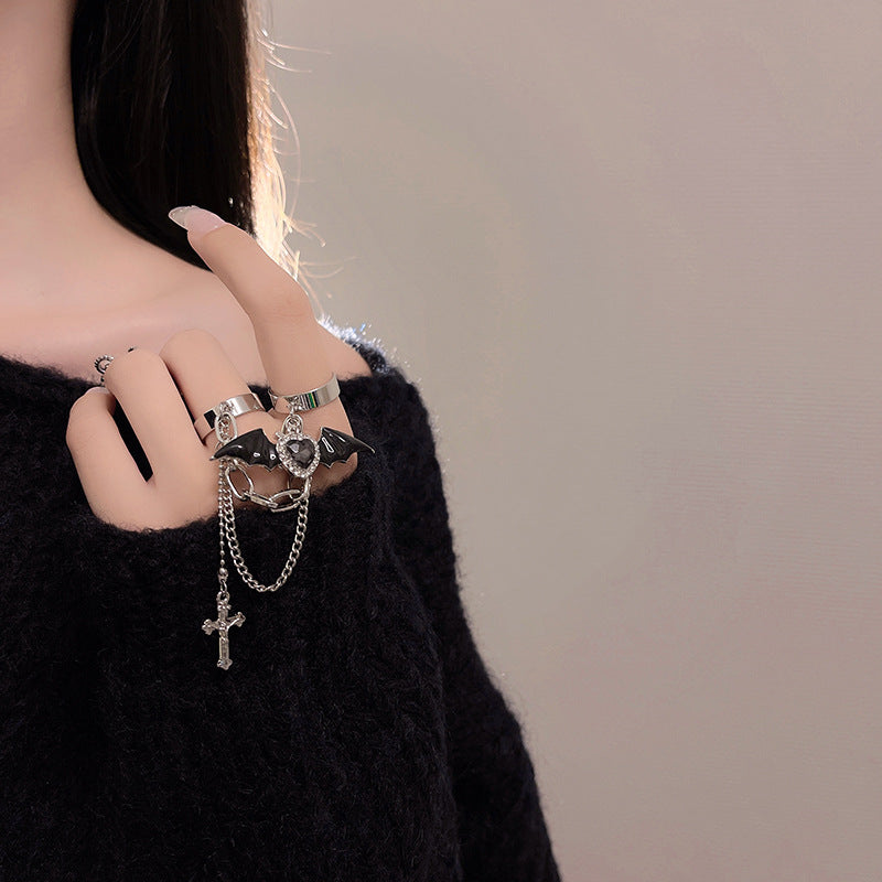 Y2K Sweet Cool Punk Girl Chic Cross & Black Bat Crystal Two Fingers Open Ring