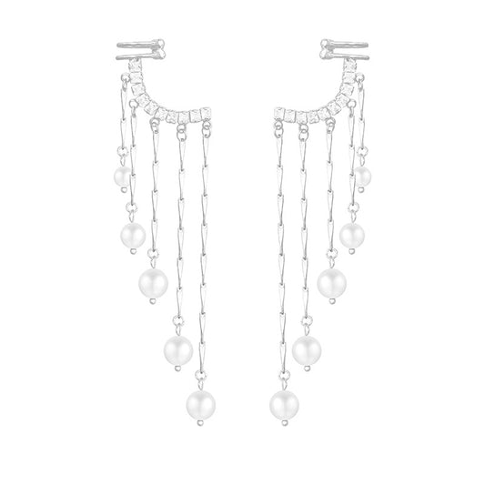 Fancy Women Rhinestone Pearl Tassel Earring