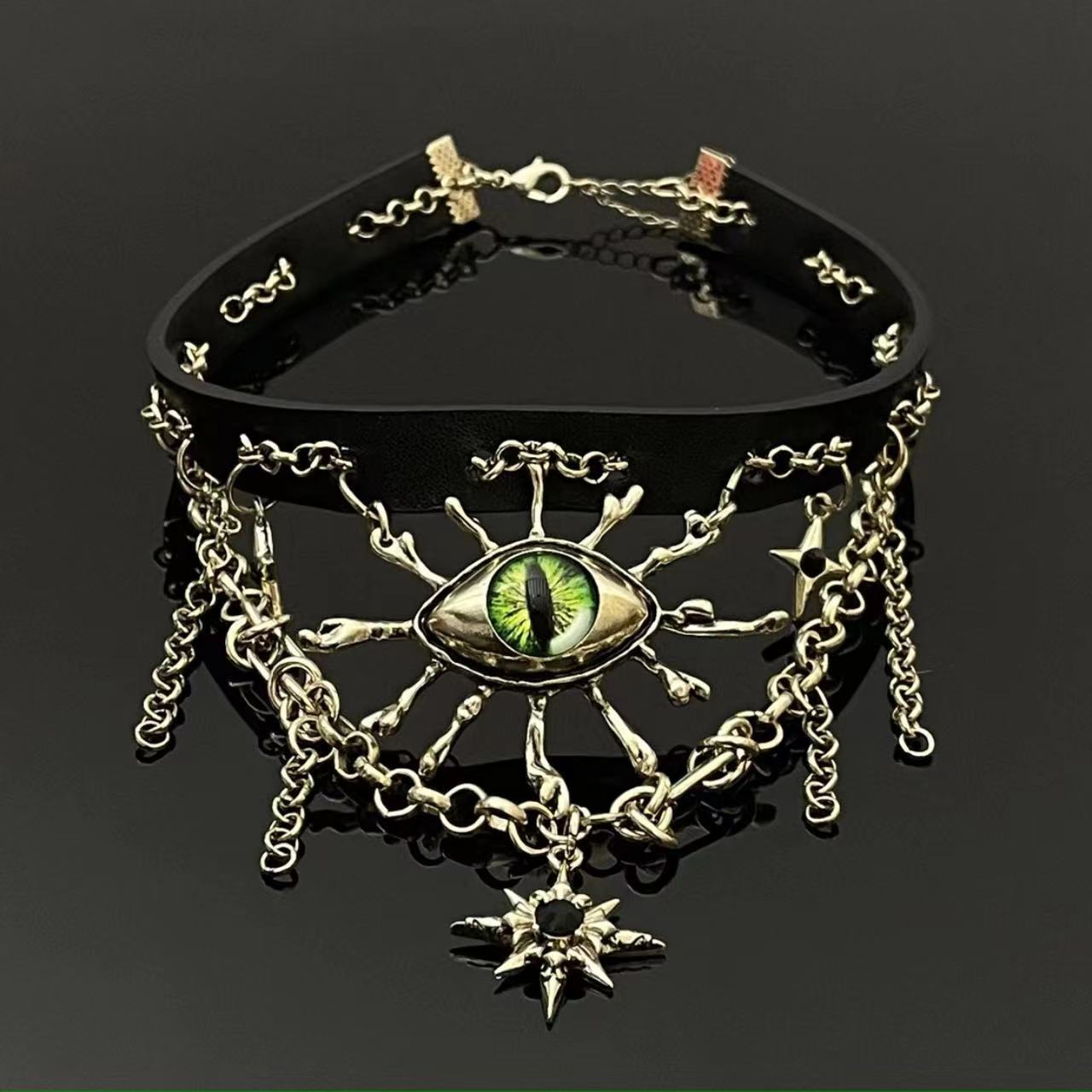 Y2K Spicy Girl Leather Tassel Green Devil's Eye Choker Necklace